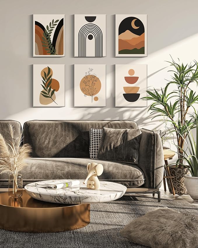 Drsoum Boho Wall Decor 12x16in Bohemain Wood Wall Art Mid Century Modern Minimalist Abstract 𝗙𝗿𝗮𝗺𝗲𝗱 Boho Room Decor 6pcs (Framed)