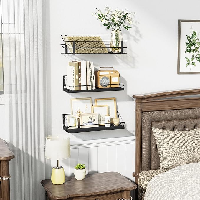 Love-KANKEI Floating Shelves Wall Mounted, Wood Wall Shelves with Storage Wire Basket, Bathroom Shelf Over Toilet eith Towel Bar,Hanging Shelves for Beadroom Living Room Kitchen, Set of 3, Black