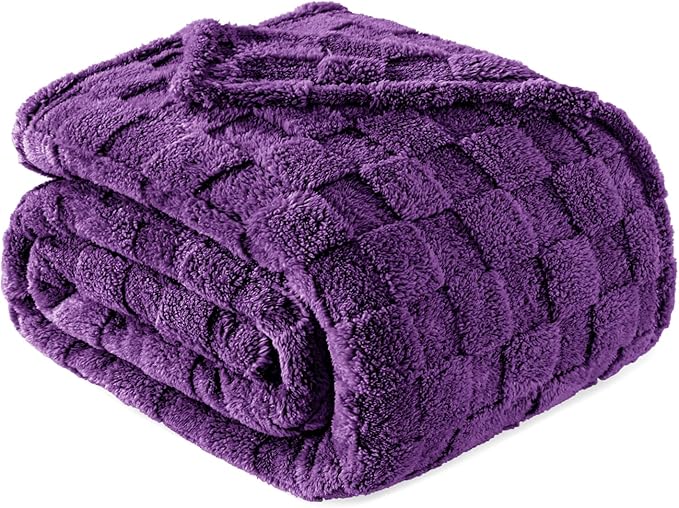Exclusivo Mezcla Queen Size Flannel Fleece Blanket, Super Soft and Warm Lightweight Checkered Pattern Blankets for All Seasons, 90x90 Inches, Purple