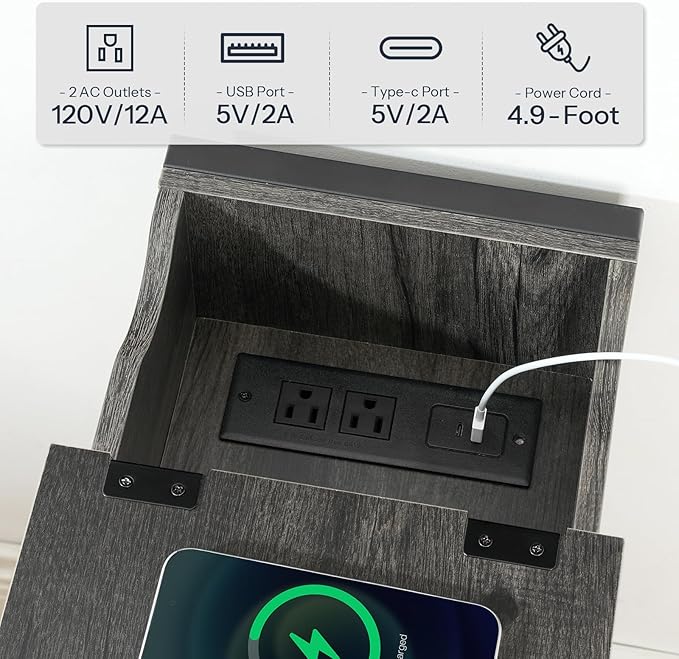 HOOBRO End Table with Charging Station, Narrow Side Table, Flip Top Nightstand with USB Ports and Outlets, Bedside Tables with Shelf for Small Spaces, Living Room, Charcoal Black BC341BZ01