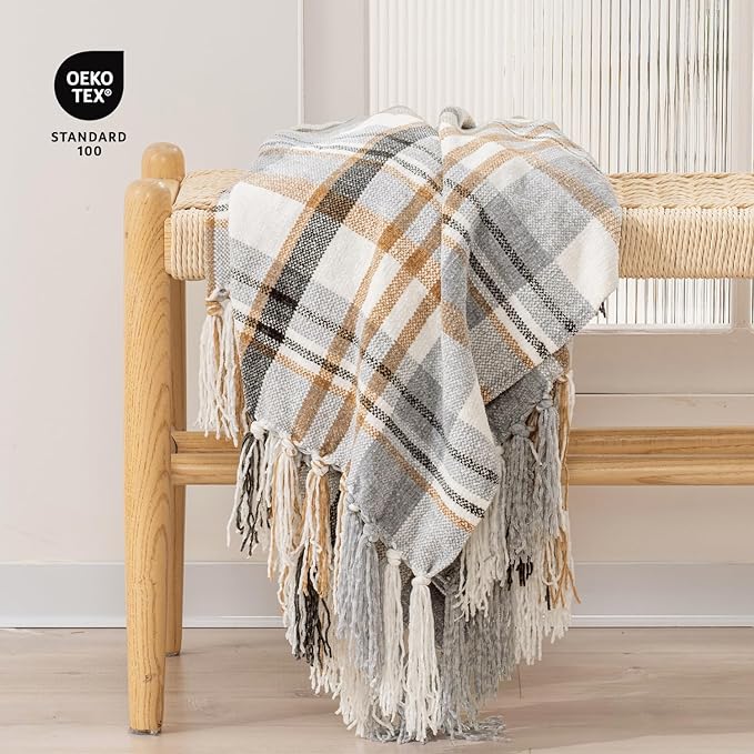EVERGRACE Plaid Chenille Throw Blanket for Couch, Super Soft Cozy Decorative Farmhouse Plaid Throw with Tassels, Lightweight Chenille Knit Throw for Bed Sofa Gift Home Decor, Grey & Beige 50"x60"
