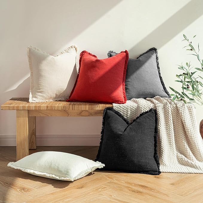 MIULEE Decorative Throw Pillow Covers Neutral Linen Fringe Throw Pillows Set of 2 Red Boho Farmhouse Cushion Covers with Tassels for Couch Sofa Bed Living Room Spring Home Decor 18x18 Inch