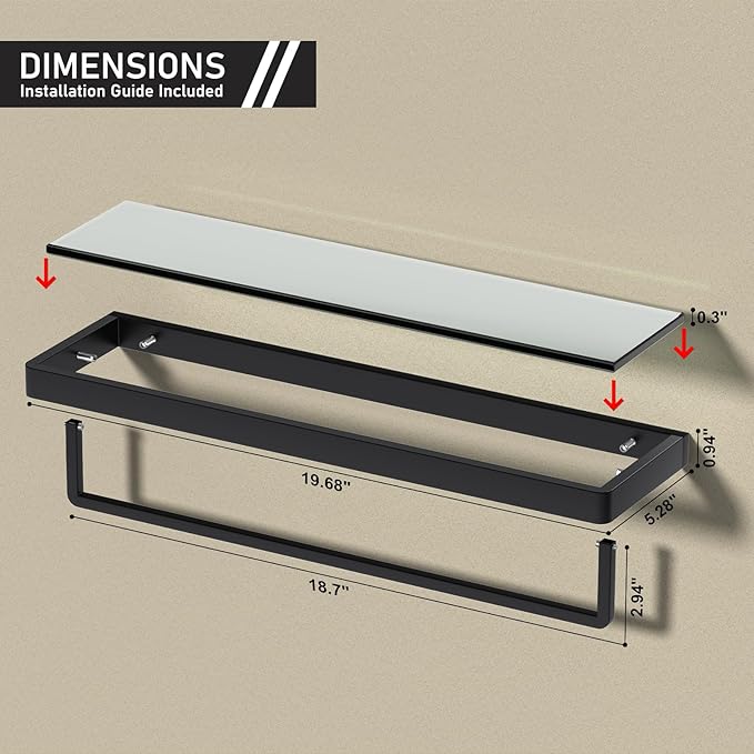 Floating Glass Shelves for Bathroom Glass Shelves 20-in with Towel Bar/Tempered Glass Rectangular 1 Tier Organizer Shelf (Matte Black, 20'')