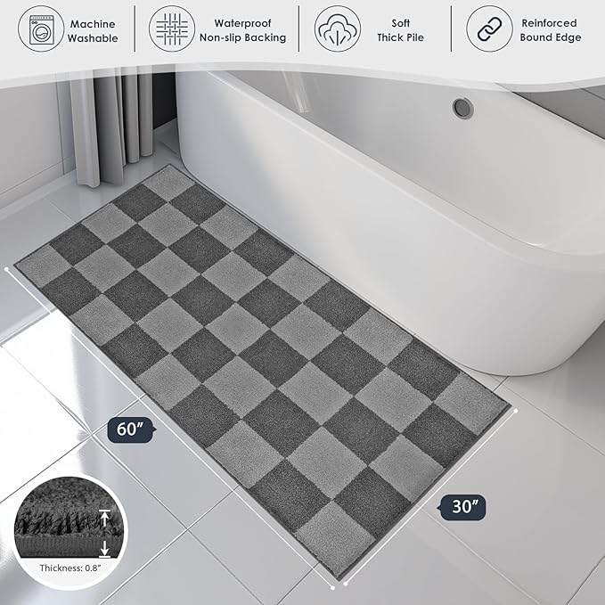PURRUGS Bathroom Rug Non-Slip Machine Washable 30" x 60", Super Absorbent and Quick-Dry Bath Mat, Extra Soft and Plush Bath Rug for Shower, Bathtub and Sink, Grey & Dark Grey