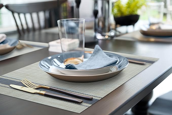 More Décor Dining Table Placemats, Washable Heat-Resistant PVC Vinyl Table Mats for Dining Room and Kitchen, Anti-Slip - Set of 6 - Vertical Striped Blue - Grey