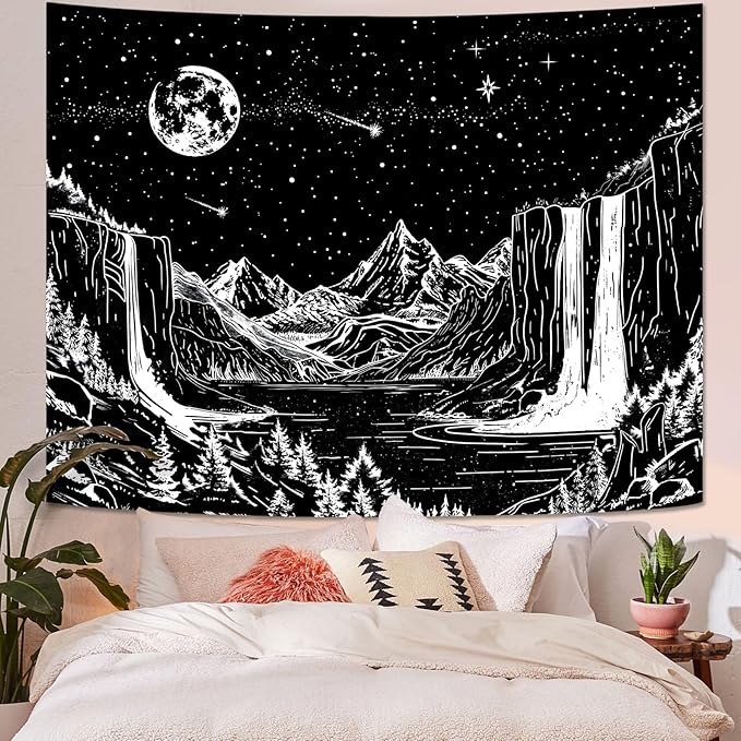Lunerfex Starry Night Mountain Wall Tapestry - Black and White Celestial Landscape Wall Hanging for Bedroom and Living Room Decor - 3648 Inches