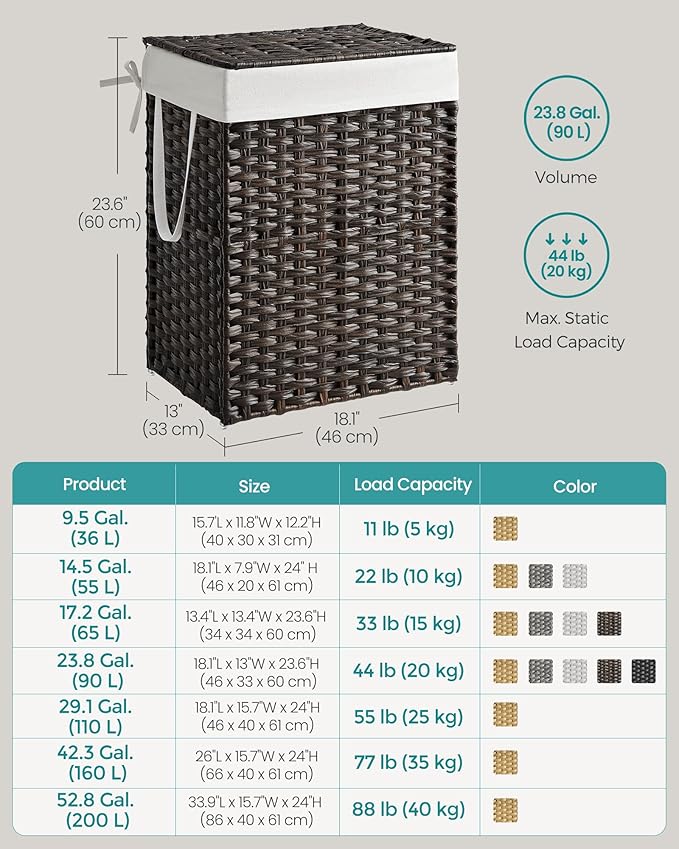 SONGMICS Laundry Hamper with Lid, 23.8 Gallon (90 L) Synthetic Rattan Clothes Laundry Basket with Lid and Handles, Foldable, Removable Liner, Chestnut Brown ULCB051K02