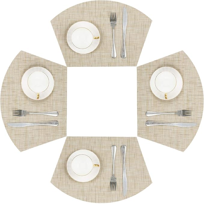 SHACOS Small Round Table Placemats Wedge Placemat Set of 4 Non Slip Heat Resistant Woven Vinyl Table Mats Wipe Clean Indoor Outdoor (4, Beige Yellow)