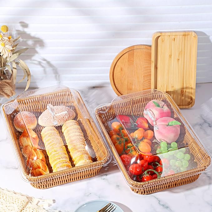 2 Set Wicker Bread Baskets for Serving with Acrylic Lids Woven Imitation Rattan Bread Basket Rectangular with Cover for World Baking Day Fruit Food Serving(13.78" X 9.84")