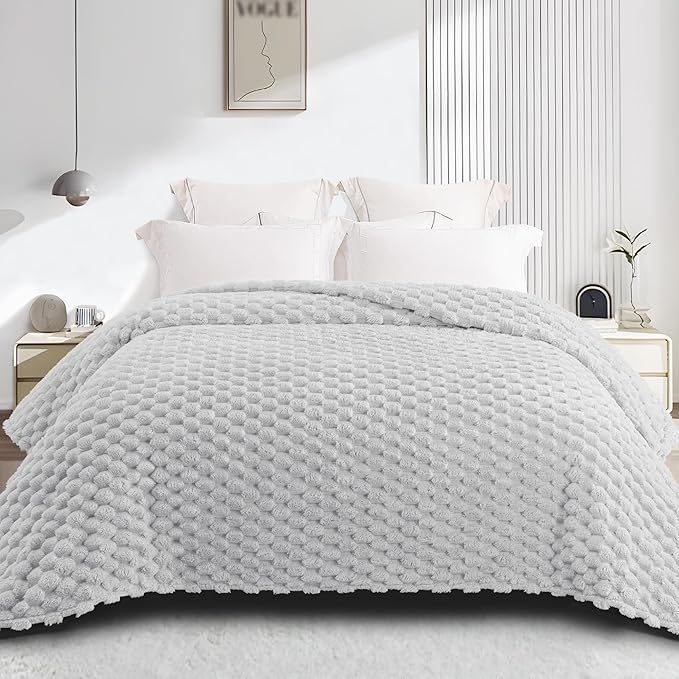 Whale Flotilla King Size Blanket for Bed with Jacquard Pattern, Fuzzy Soft Cozy Exquisite Blankets for All Season, Warm and Fluffy, 90x104 Inch, Light Grey