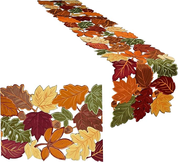 OWENIE Thanksgiving Table Runner, Fall Farmhouse Table Runner for Thanksgiving Holiday, Thanksgiving Table Runner 90 Inch Long with Embroidered Cutwork Maple Lea, 13x 90 Inches