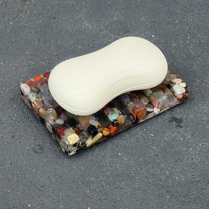 Handmade River Rock Rectangle Bar Soap Holder Stone Pebbles Soap Dish for Shower and Bathroom Decor, Natural Soap Tray to Keep The Soap Dry Resin Kitchen Decoration (Various Agate Drainage)
