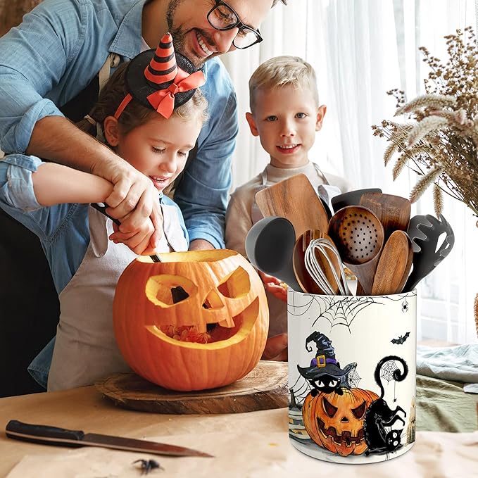 pinata Halloween Kitchen Decor Ceramic Utensil Holder, Cute Halloween Cat Pumpkin Utensils Holder, Ceramic Utensils Crock for Rustic Farmhouse Indoor Kitchen Decorations(6.3 Inches)