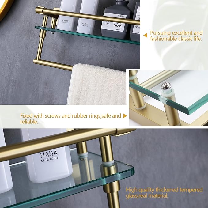 KOKOSIRI Bathroom Shelves with Towel Holder Rustproof 20'' Bathroom Tempered Glass Shelf with Rails Wall Mounted Stainless Steel, Brushed Gold Finish, B1103BG-L20