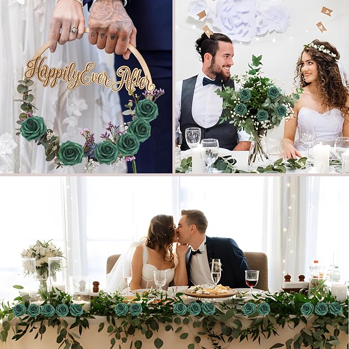 Artificial Flowers Roses Real Looking Foam Fake Roses with Leaves and for DIY Wedding Bouquets Bridal Shower Centerpieces Party Decorations (Peacock Green, 100)