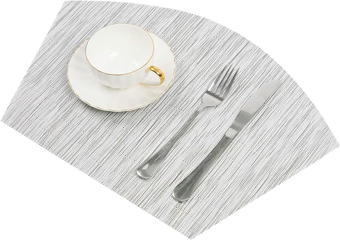 SHACOS Wedge Placemats Set of 8 Woven Vinyl Placemats for Small Round Table Place Mats Wipe Clean Non Slip Table Mats, Gray White