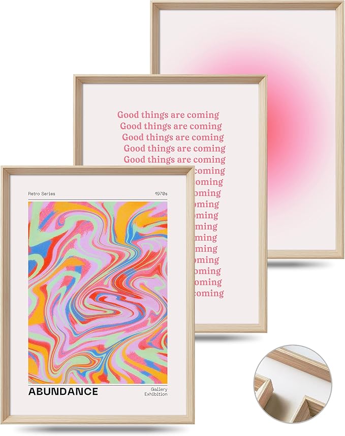 Framed Abstract Pink Canvas Wall Art,Retro Gradient Canvas Wall Decor,16x12IN High Framed Wood Design Print,Minimalist Classic Décor Aesthetic for Living Room,Bedroom,Bathroom Set of 3