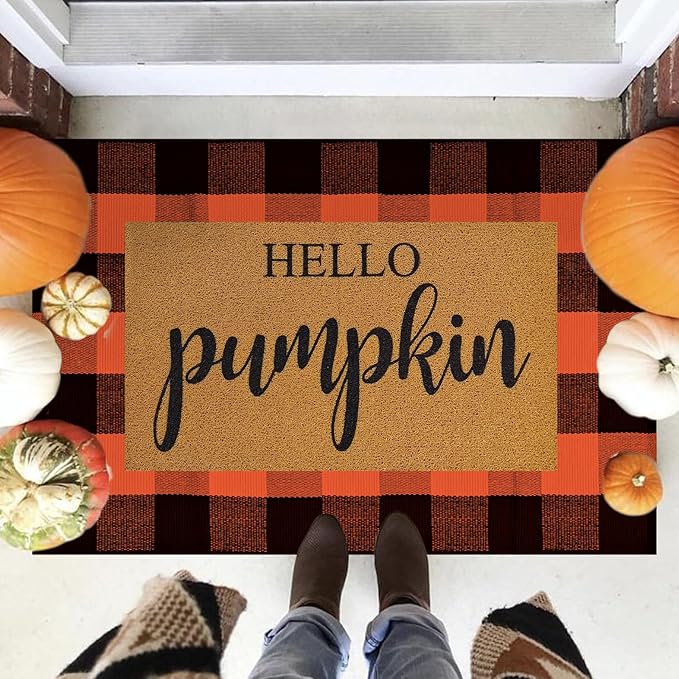 2 Pcs Fall Door Mat Combo Set Imitation Coir Welcome Mat, 43" x 28" Buffalo Plaid Rug Outdoor for Fall Halloween Thanksgiving Rustic Farmhouse Indoor Autumn Mats Hello Pumpkin (Orange and Black Plaid)