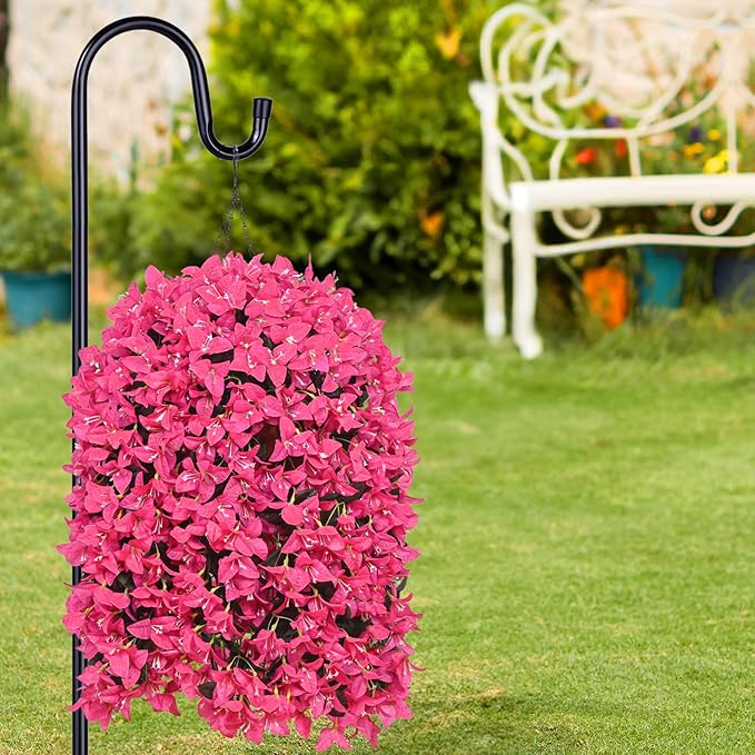 2Pcs UV Resistant Artificial Flowers for Outdoors, Realistic Faux Silk Bougainvillea Flowers, Fake Hanging Plants for Porch Patio Balcony Decoration (Rose Red)