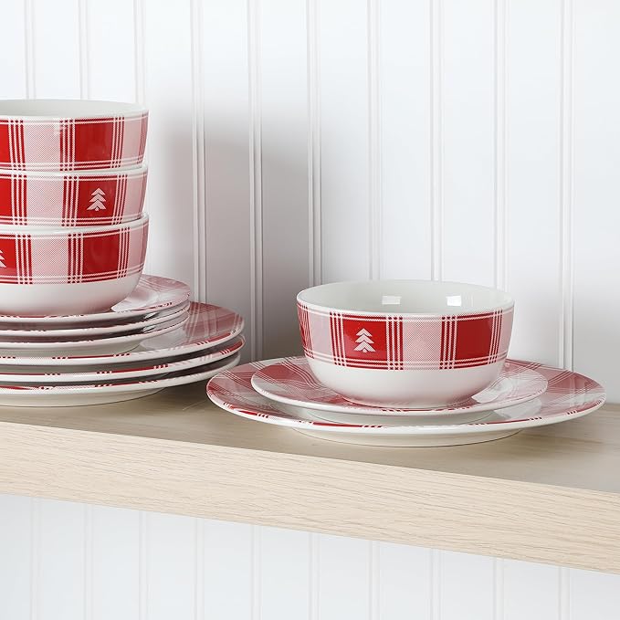 Martha Stewart Plaid Decorated Red and White Stoneware Dinnerware Set, Service for 4 (12pcs)