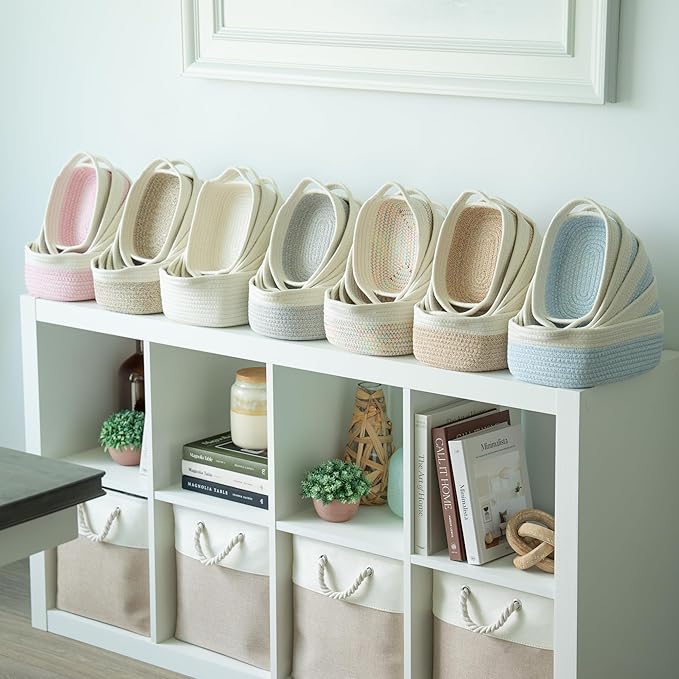 OrganiHaus Set of 5 Rectangle Bathroom Storage Baskets for Organizing, Small Woven Baskets for Storage Basket for Bathroom, Nursery Storage Basket for Baby Nursery Organization, Cute Bins, Gray/White