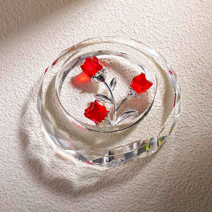 Crystal Red Rose Bouquet Figurines Glass Flowers with Stems Valentines Anniversary Rose Gifts for Girlfriend Wife, Red Crystal Rose in Glass Ring Collectible Figurines Forever Roses Decor