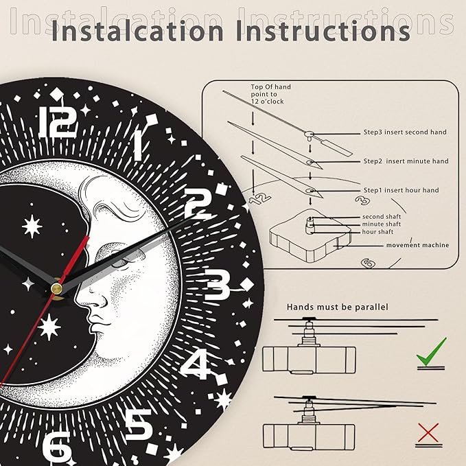 Clock for Living Room, Boho Crescent Moon and Stars Wall Clock Silent Non-Ticking Battery Operated Clock 10 Inch, Home Decor for Living Room, Kitchen, Bedroom and Office