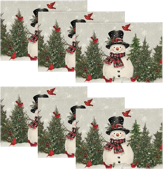 Artoid Mode Snowman Birds Trees Christmas Placemats Set of 6, 12x18 Inch Seasonal Grey Winter Holiday Table Mats for Party Kitchen Dining Decoration