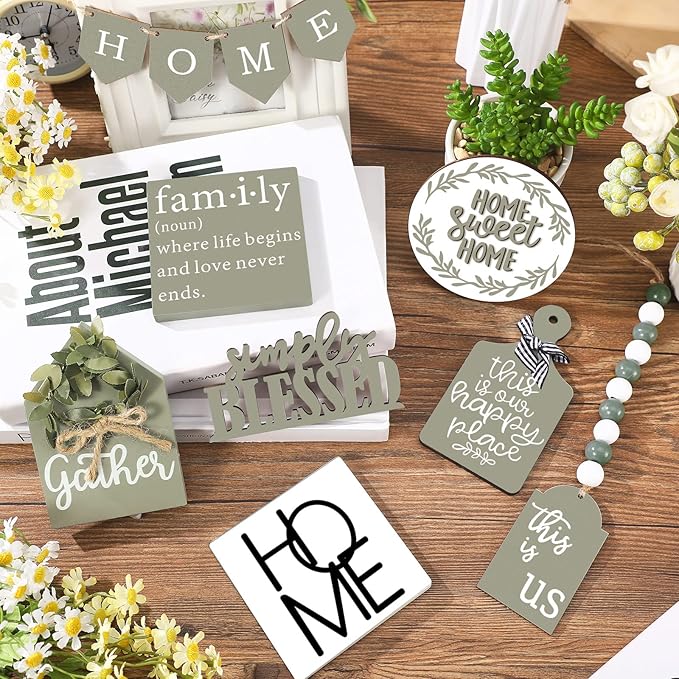Set of 11 Summer Farmhouse Tiered Tray Decor Rustic Home Tiered Tray Decorations Set Home Wooden Signs This is Us Farmhouse Tabletop Wood Signs for Kitchen Table Decor