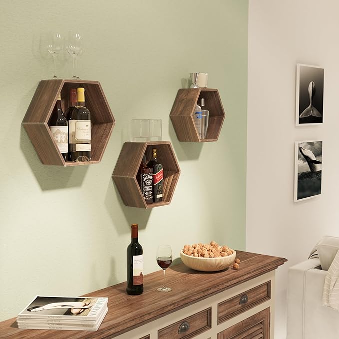 Rustic State Brooks Hexagon Decorative Floating Shelves with Wooden Back - Large, Medium, Small Honeycomb Geometric Box Design Display Bookshelf Picture Ledge - Distressed Walnut - Set of 3
