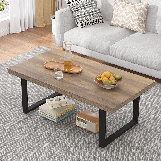 IBF Farmhouse Coffee Table, Modern Simple Wood Coffee Tables for Living Room, Industrial Minimalist Rectangle Center Table, Wood and Metal Tea Coffee Table for Home Office Bedroom, Rustic Oak, 39 in