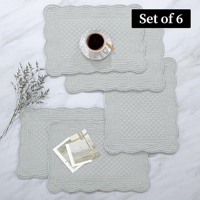 HOMBYS Quilted Placemats Set of 6 Washable-13x18 inches Rectangular Placemats for Kitchen Table-100% Cotton Fabric Rectangular Table Mats, (Light Grey)