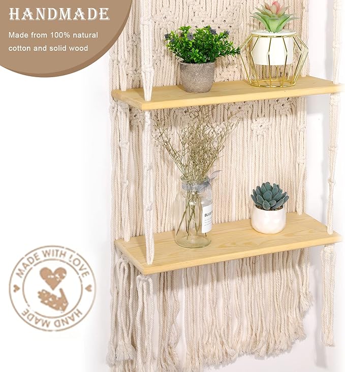 Macrame Wall Hanging Shelf for Decor, Boho Bathroom - Bohemian Decor Bedroom, Living Room 3 Tier Small Plants, Handmade Large Eclectic Home-(White)