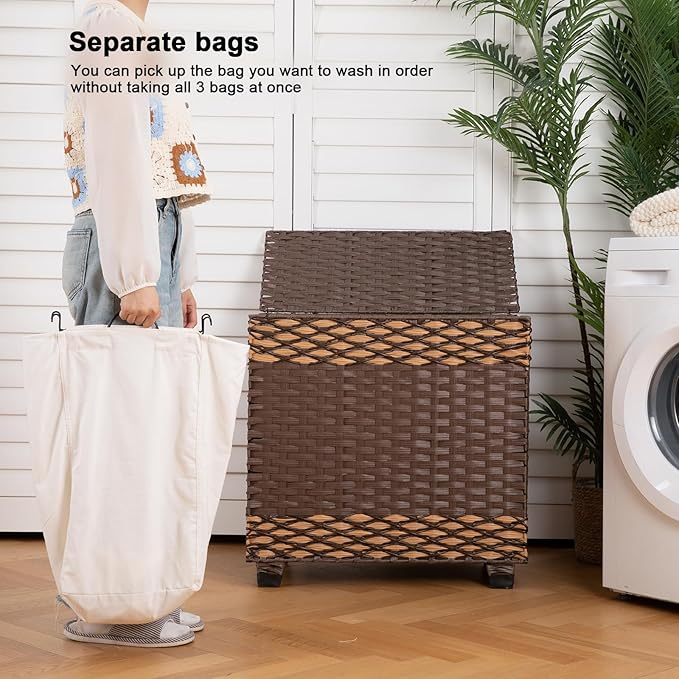 OIAHOMY Laundry Hamper with Lid, 140L Synthetic Rattan Clothes Hamper with Handles, Handwoven Large Laundry Basket with 3 Removable Liner Bags, Foldable, Laundry Room, 27*13*26 Inches, Gradient Brown