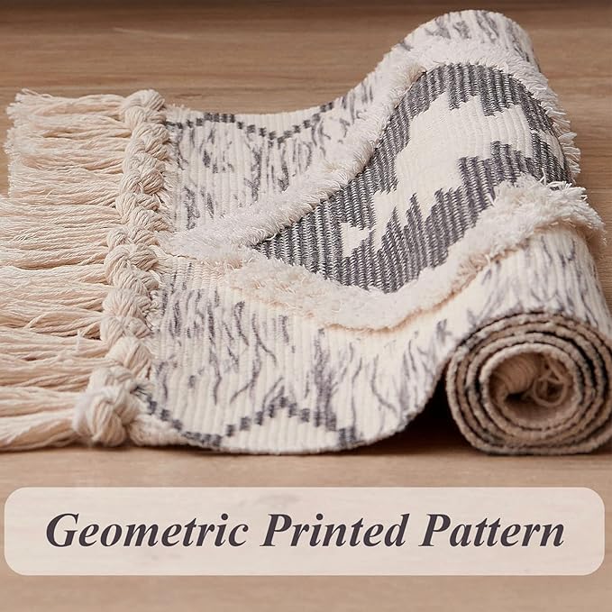 Boho Runner Rug 2'x4.3', Washable Hallway Rug Runner Non Slip Rubber Backed, Kitchen Farmhouse Area Rug Floor Mat with Tassels, Tufted Woven Cotton Entryway Carpet, Grey