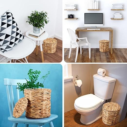 Ctosree 3 Gallons Small Wicker Trash Can with Lid Handle Woven Wicker Rattan Bathroom Waste Basket Boho Trash Basket with 100 Plastic Garbage Bags for Bedroom Office Laundry (Classic Style)