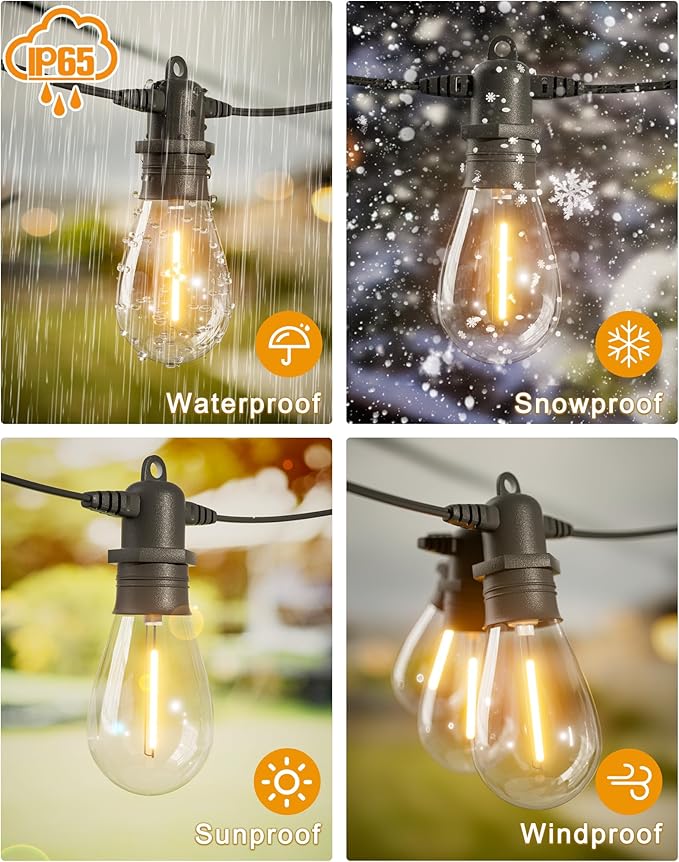 200FT LED Outdoor String Lights with 60 Edison Shatterproof IP65 Waterproof Bulbs, 2700K Dimmable Commercial Grade Patio Lights, Heavy Duty Outside Hanging Light for Garden Decor