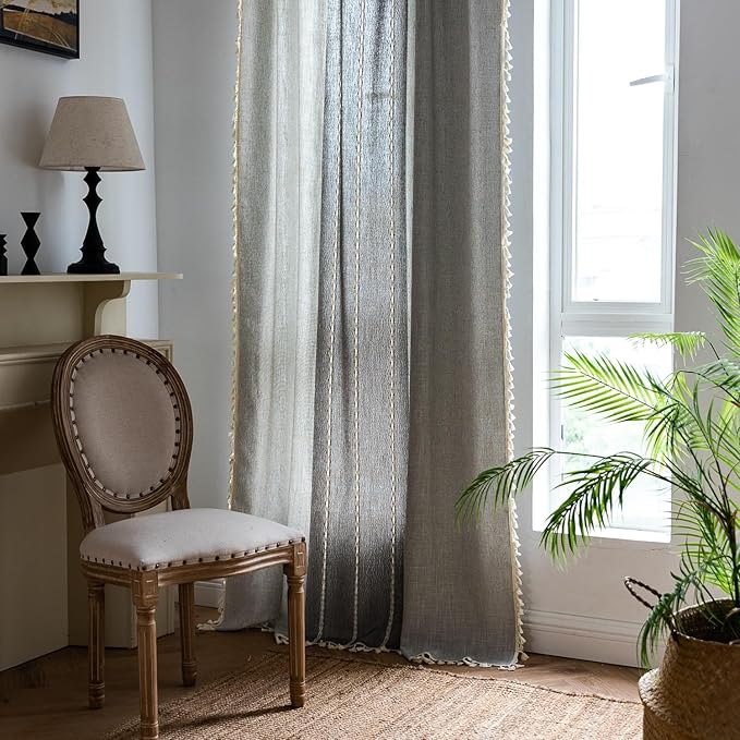 Sutuo Home Boho Curtains for Kitchen Nursery Room, Semi Blackout Linen Farmhouse Shabby Chic Tassels Window Treatment Bohemian Embroidery Drape, Rod Pocket 1 Panel 52" W x 63" L, Gray Linen