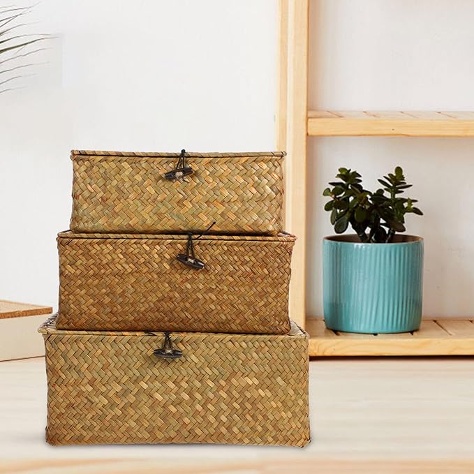 IMIKEYA 3pcs Seaweed Baskets with Lids: Woven Baskets Seagrass Storage Woven Basket Straw Desktop Rattan Storage Basket Hand-Woven Storage Basket for Shelf Desktop Home Decor