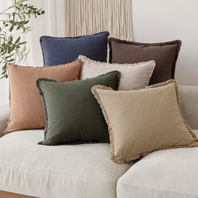 Foindtower Set of 2 Decorative Linen Fringe Throw Pillow Covers Boho Farmhouse Cushion Cover with Tassels Lumbar Accent Pillowcase for Bed Couch Living Room Home Bedroom Decor,12×24 Inch,Reddish Brown