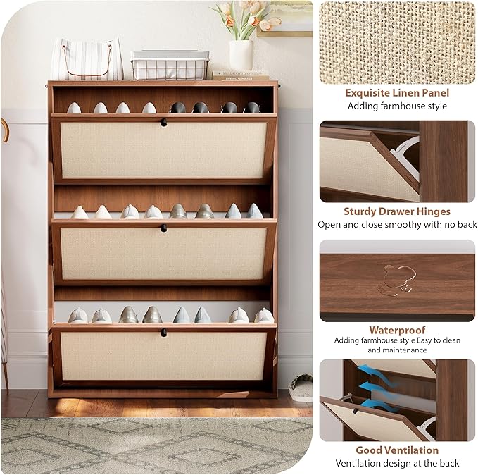 AVZEAR Narrow Shoe Storage Cabinet for Entryway with Natural Linen Panel, Freestanding Slim Shoe Cabinet with 3 Flip Drawers, Wood Shoe Organizer Closed Shoe Rack for Hallway, Living Room(Walnut)