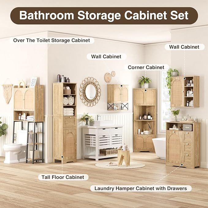 Rattan Bathroom Wall Cabinet, Boho Medicine Wall Cabinet with Double Doors and Adjustable Shelves, Tall Kitchen Wall Mounted Storage Cabinet, Floating Space Saver Over Toilet, Natural
