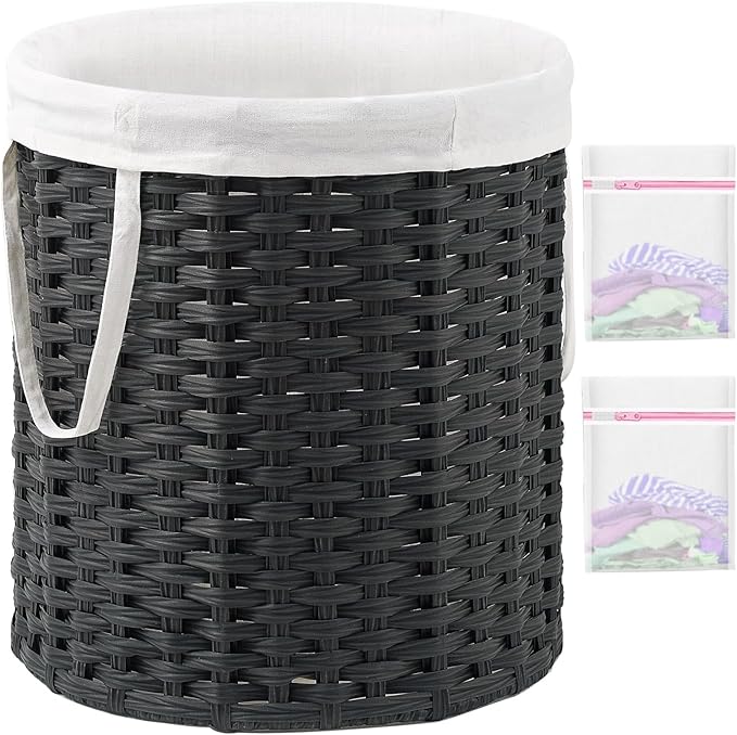 Laundry Hamper Round Laundry Basket 26.5 Gal (100L) Rattan Laundry Hamper, Handwoven Wicker Laundry Basket with Handles Removable Laundry Bag 2 Mesh Bags for Bedroom Laundry Room Black