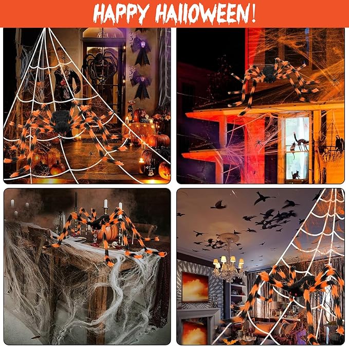 Halloween Spider Web and Giant Spiders Decorations Set Triangle Spider Web & Realistic Scary Fake Large Hairy Yellow Spider Props for Indoor/Outdoor Porch & Yard Parties Haunted House Halloween Décor