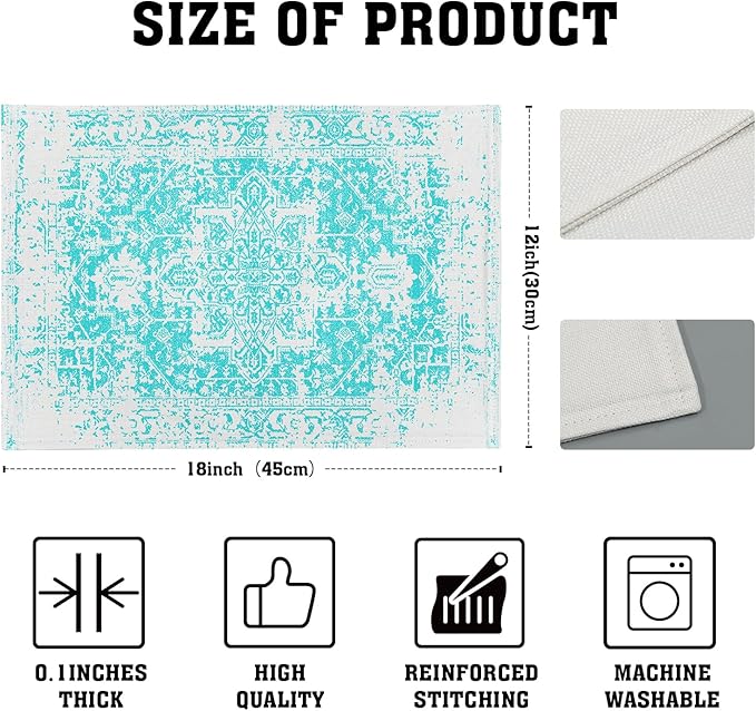 Gray Aqua Turquoise Boho Placemats Set of 6 Ethnic Bohemian Carpet Place Mats Washable Kitchen Dining Vintage Grey Floral Linen Table Mats Stain Heat-Resistant for Home Party Indoor 12x18 in
