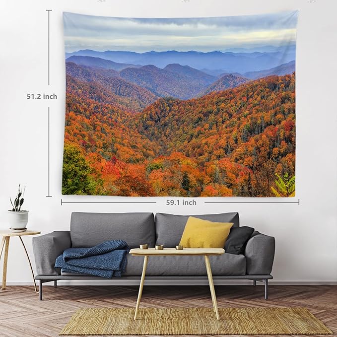 BaoNews Orange Natural Smoky Mountains Tapestry,Landscape Blue Sky Large Wall Hanging Polyester Tablecloths Tapestry Bedroom Room Living Room Dorm 51.2 x 59.1 inches