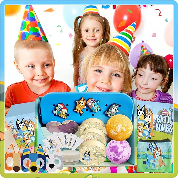 The Blue Heelers Gifts Set: Bath Bombs with Toys Inside, Shower Steamers, Felt Masks, Tattoos, Rubber Bag, Shoe Charms, Collapsible Cup, Storage Bag, Coloring, Gift Card&Sticker, Kids Best Gifts