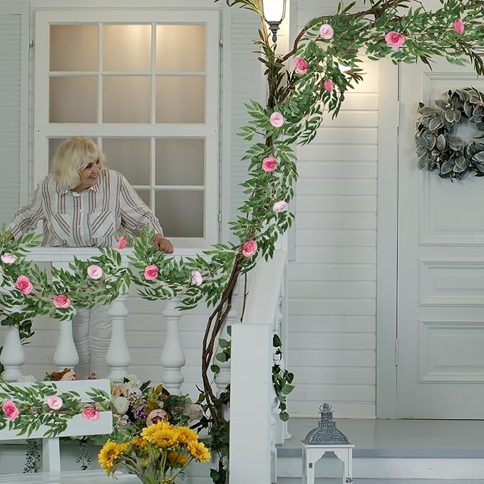 RECUTMS Artificial Hanging Willow Leaves Vine Twigs Whit Roses Flower 2Pc 5.7Ft Faux Ivy Plant Silk Green Leaf Rose Floral Garland Greenery Indoor Outdoor Wedding Jungle Birthday Party Garden Decor