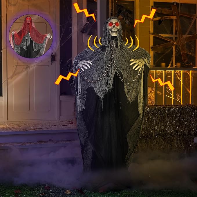 71'' Life Size Halloween Decorations, Halloween Skeleton with Light-Up Eyes & Sound Adjustable Arms Swaying Body Voice/Touch Sensing, Halloween Animatronics for Indoor/Outdoor Yard Lawn Decor, black