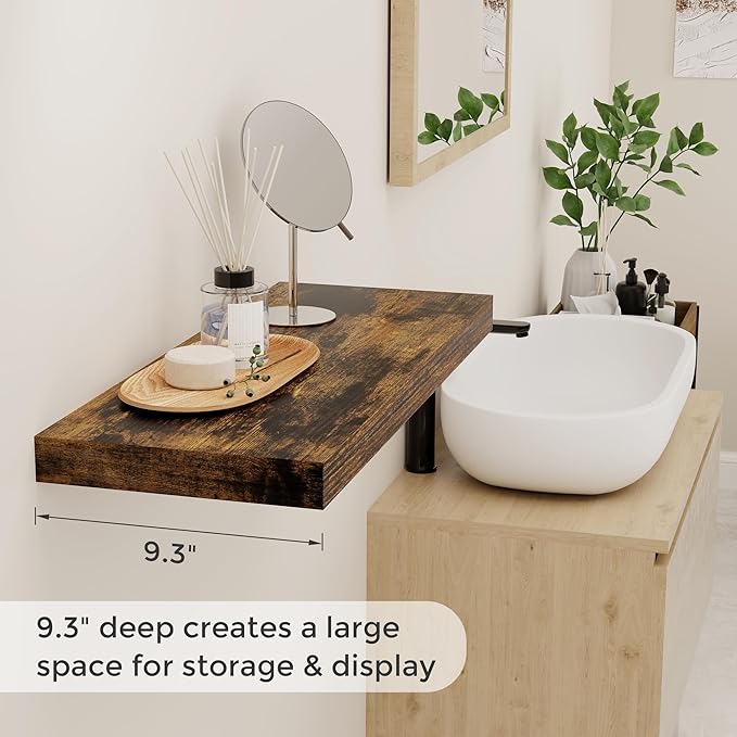 24W x 9.3D Floating Shelves, 9.3" Deep Wall Shelves Set of 2, Farmhouse Rustic Wood Shelf 24 Inch Long, Large Display & Storage Shelves for Book, Living Room, Bathroom, Kitchen - Rustic Brown